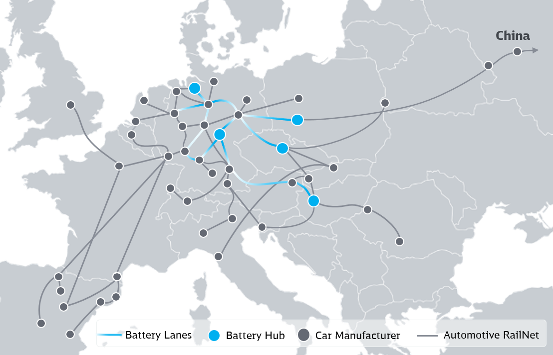 Illustration of rail network for battery logistics