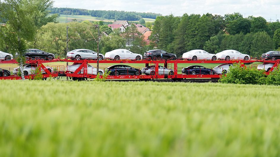 Zug mit Autos fährt durch grüne Landschaft