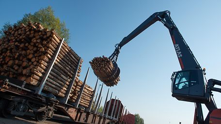 Excavator loading logs onto a stanchion wagon