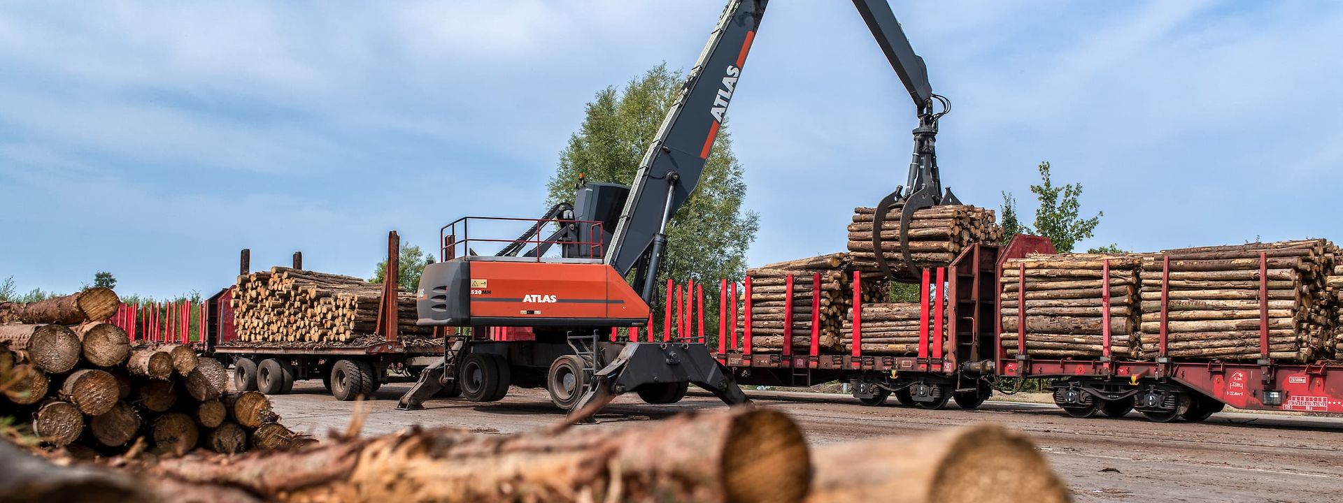 Excavator loading logs onto a stationary train